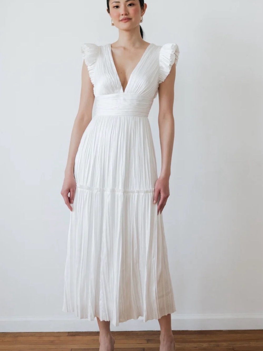 Jenny Yoo Vienna, White Pleated V-Neck Midi Dress